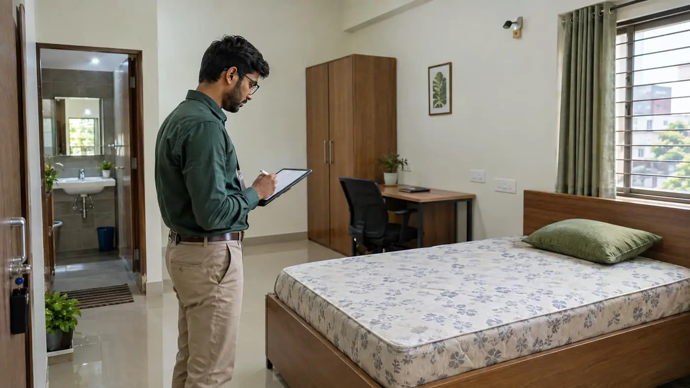 A PG Mila auditor noting the condition of a room