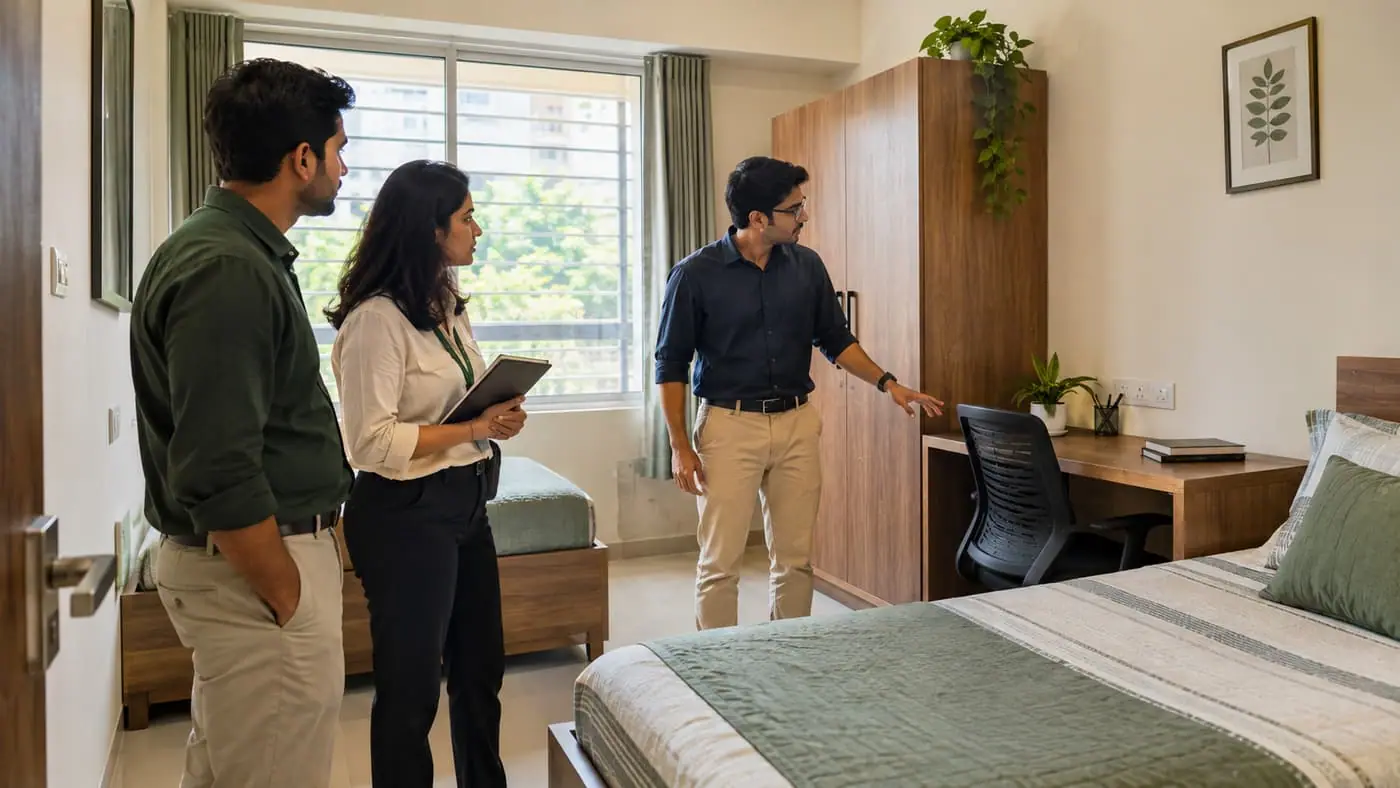 A PG Mila auditor showing a student and parent a room
