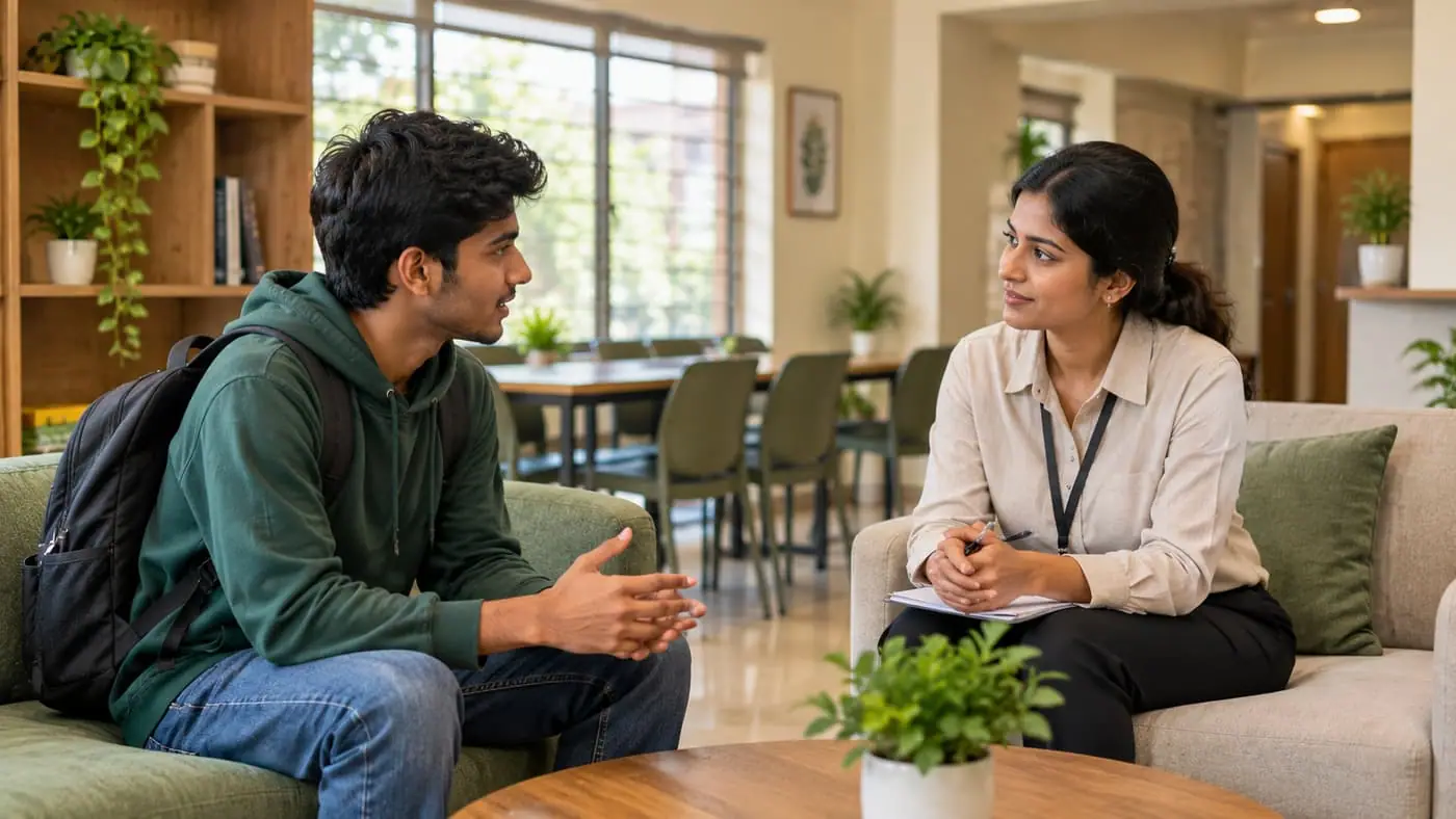 Two residents talking in the lounge