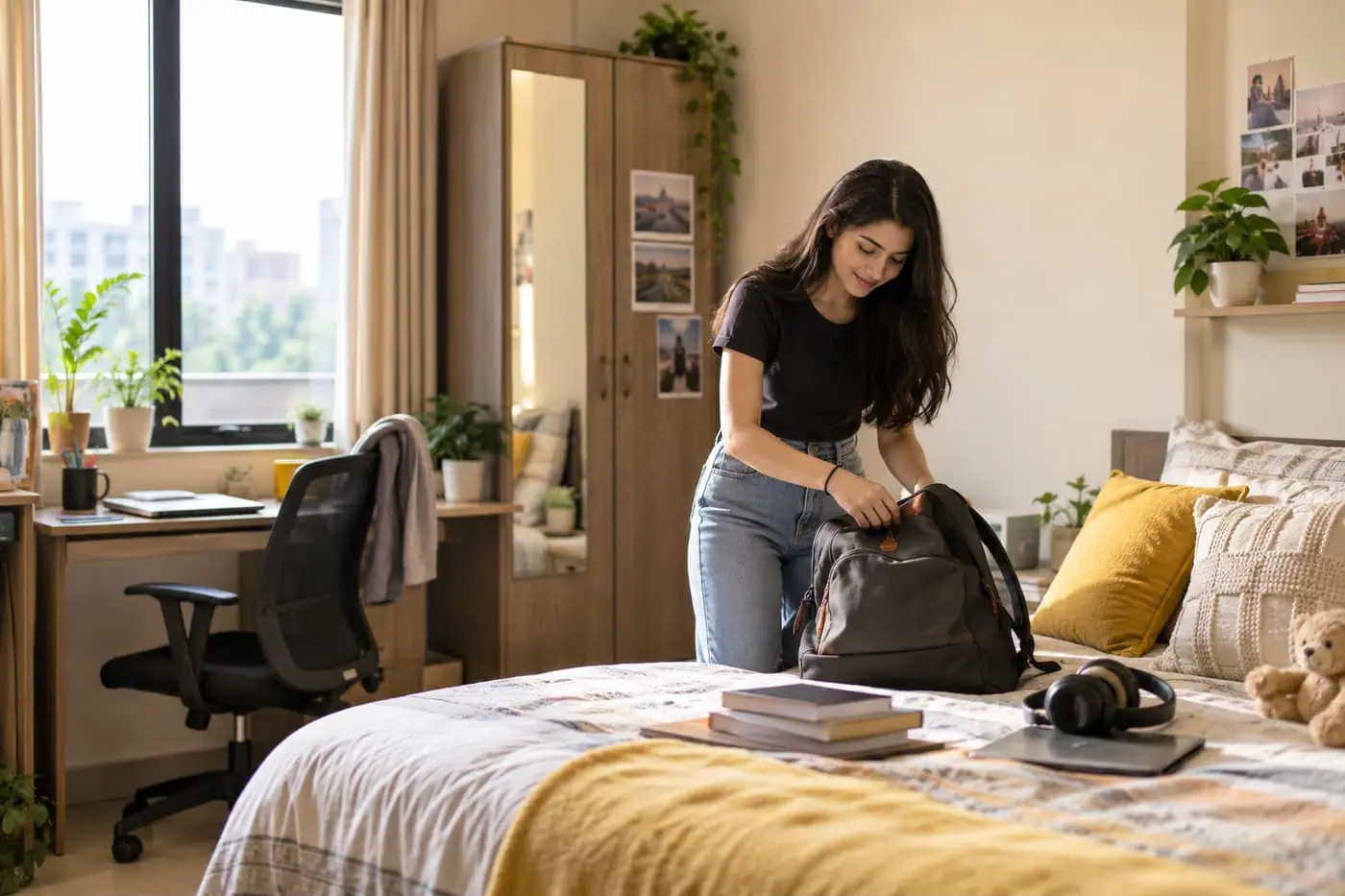 A student unpacking in her new room