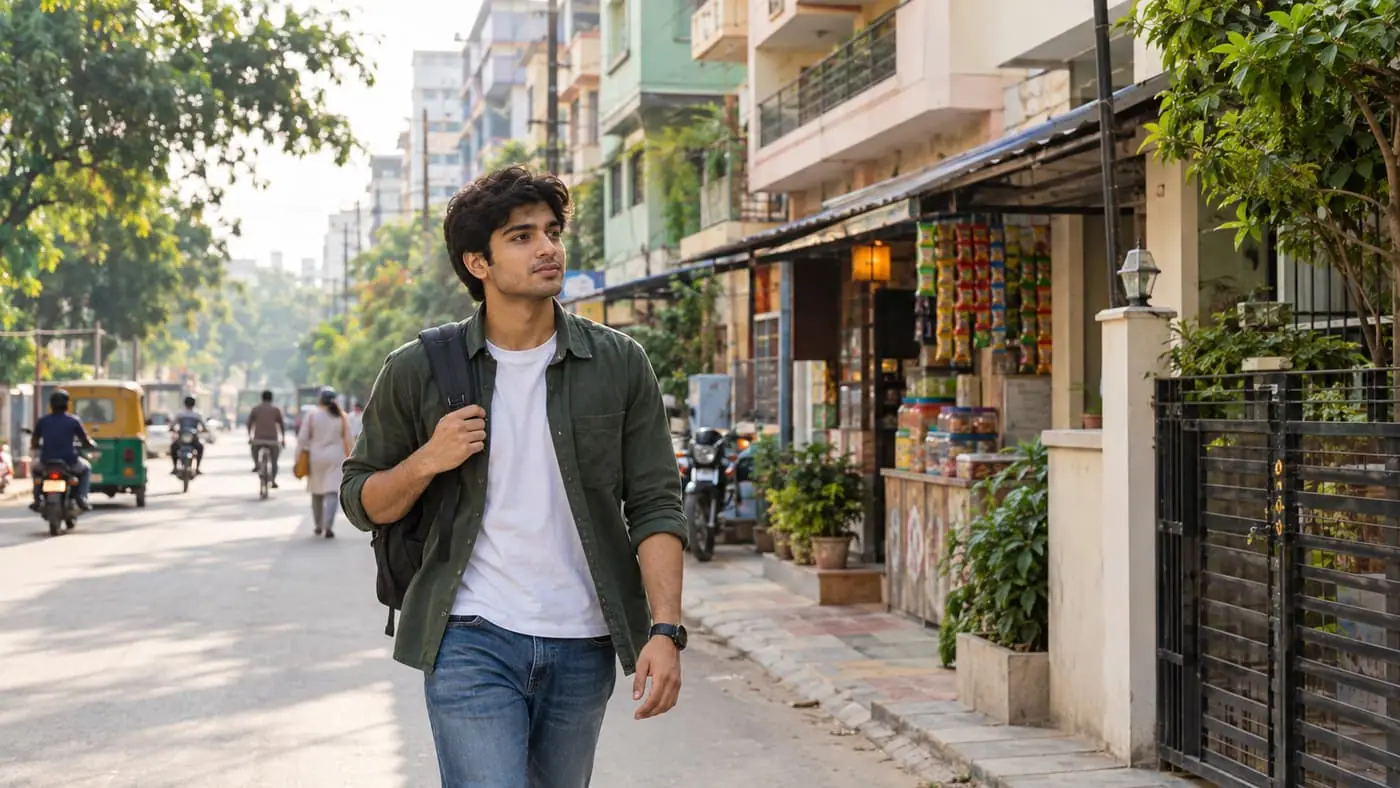 A student walking through a Patna coaching lane