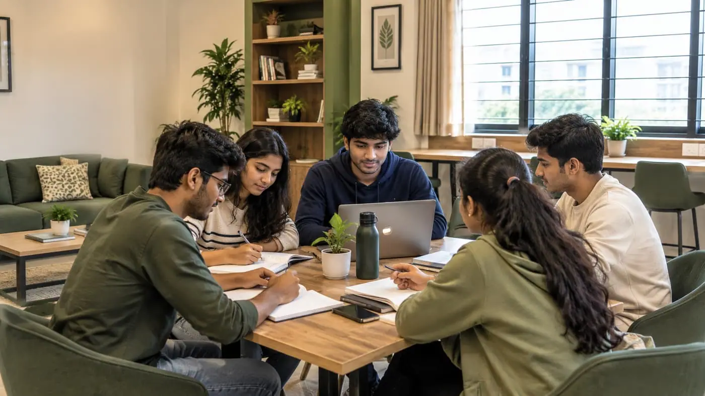 Residents studying together in the common room