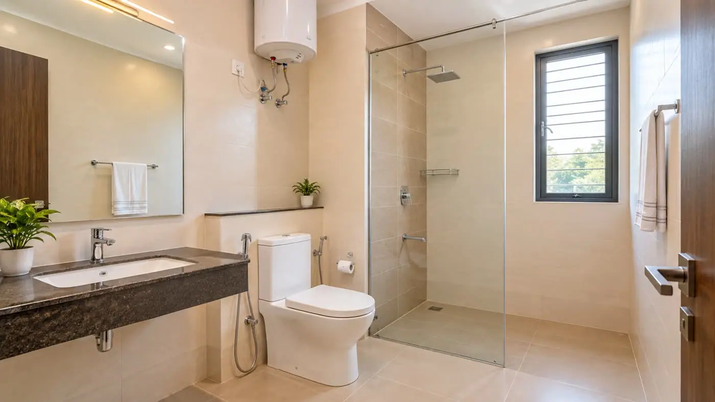Washrooms: cleanliness, geyser, ratio per floor